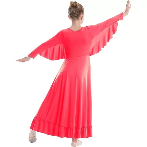 OwlFay Girls Angle Wings Priase Dance Dress Kids Ruffle Liturgical Lyrical Dancewear Long Sleeve Worship Dance Dress CostumeFluorescent Orange