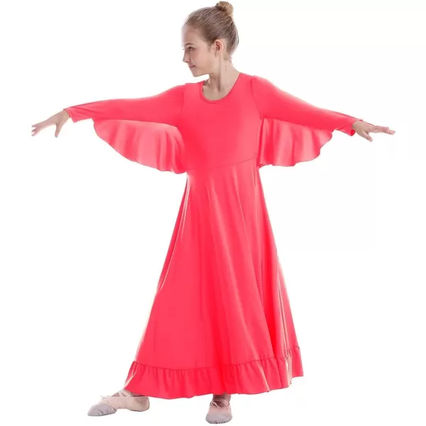 OwlFay Girls Angle Wings Priase Dance Dress Kids Ruffle Liturgical Lyrical Dancewear Long Sleeve Worship Dance Dress CostumeFluorescent Orange