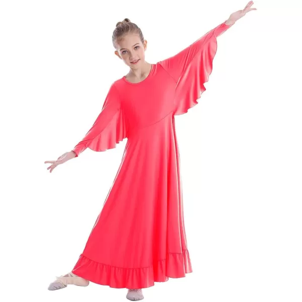 OwlFay Girls Angle Wings Priase Dance Dress Kids Ruffle Liturgical Lyrical Dancewear Long Sleeve Worship Dance Dress CostumeFluorescent Orange