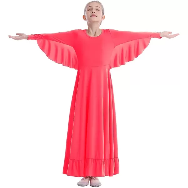 OwlFay Girls Angle Wings Priase Dance Dress Kids Ruffle Liturgical Lyrical Dancewear Long Sleeve Worship Dance Dress CostumeFluorescent Orange