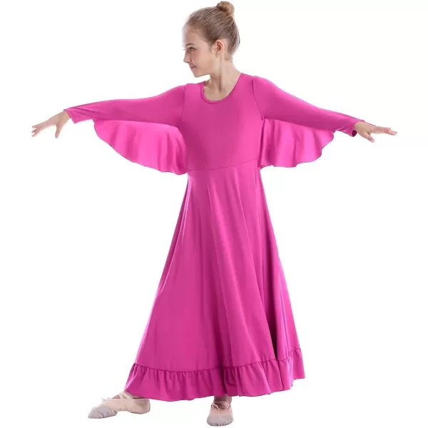 OwlFay Girls Angle Wings Priase Dance Dress Kids Ruffle Liturgical Lyrical Dancewear Long Sleeve Worship Dance Dress CostumeHot Pink