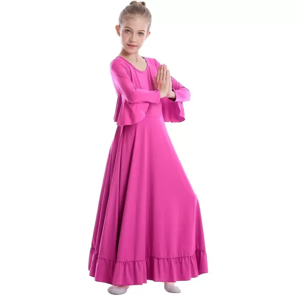 OwlFay Girls Angle Wings Priase Dance Dress Kids Ruffle Liturgical Lyrical Dancewear Long Sleeve Worship Dance Dress CostumeHot Pink