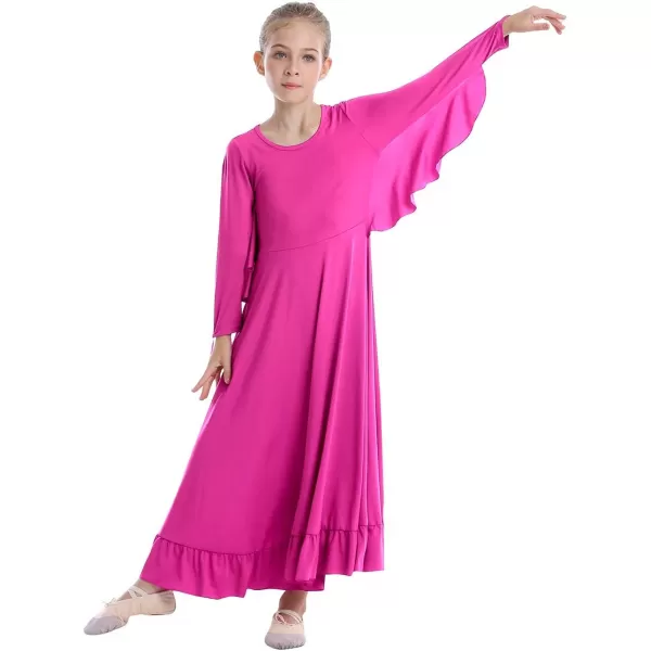 OwlFay Girls Angle Wings Priase Dance Dress Kids Ruffle Liturgical Lyrical Dancewear Long Sleeve Worship Dance Dress CostumeHot Pink