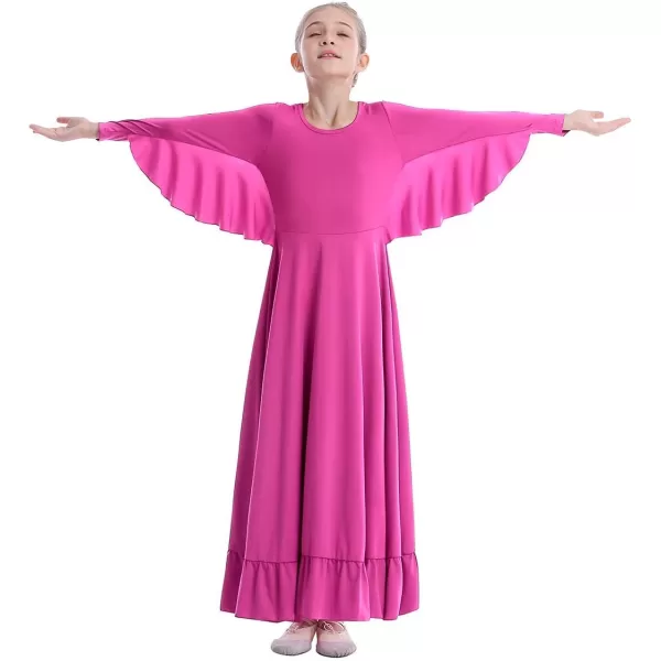 OwlFay Girls Angle Wings Priase Dance Dress Kids Ruffle Liturgical Lyrical Dancewear Long Sleeve Worship Dance Dress CostumeHot Pink