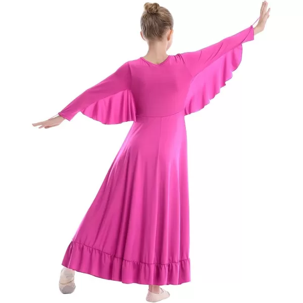 OwlFay Girls Angle Wings Priase Dance Dress Kids Ruffle Liturgical Lyrical Dancewear Long Sleeve Worship Dance Dress CostumeHot Pink