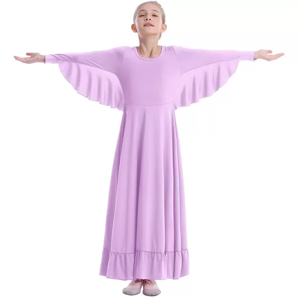 OwlFay Girls Angle Wings Priase Dance Dress Kids Ruffle Liturgical Lyrical Dancewear Long Sleeve Worship Dance Dress CostumeLight Purple