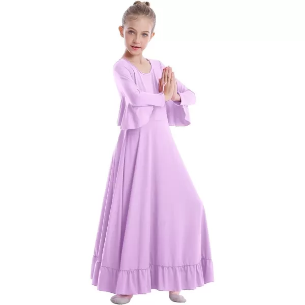 OwlFay Girls Angle Wings Priase Dance Dress Kids Ruffle Liturgical Lyrical Dancewear Long Sleeve Worship Dance Dress CostumeLight Purple