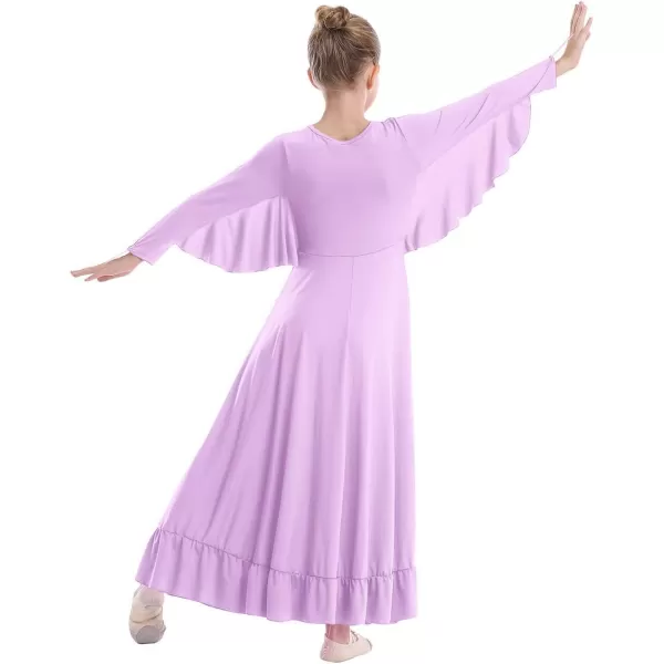 OwlFay Girls Angle Wings Priase Dance Dress Kids Ruffle Liturgical Lyrical Dancewear Long Sleeve Worship Dance Dress CostumeLight Purple