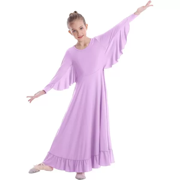 OwlFay Girls Angle Wings Priase Dance Dress Kids Ruffle Liturgical Lyrical Dancewear Long Sleeve Worship Dance Dress CostumeLight Purple