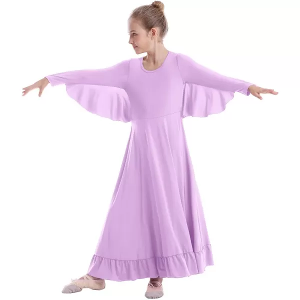 OwlFay Girls Angle Wings Priase Dance Dress Kids Ruffle Liturgical Lyrical Dancewear Long Sleeve Worship Dance Dress CostumeLight Purple