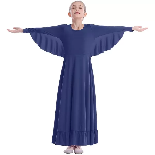 OwlFay Girls Angle Wings Priase Dance Dress Kids Ruffle Liturgical Lyrical Dancewear Long Sleeve Worship Dance Dress CostumeNavy Blue