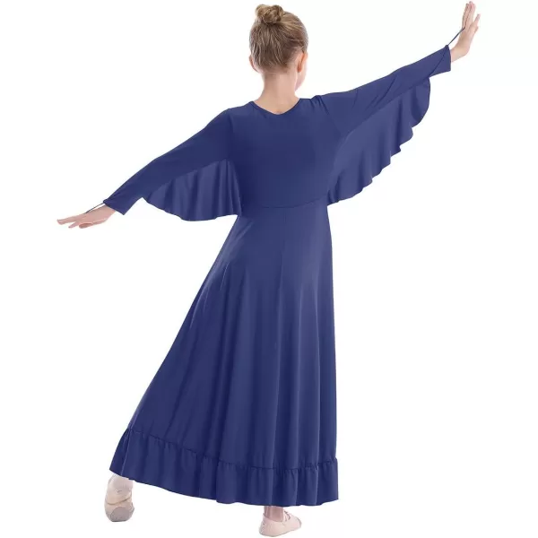 OwlFay Girls Angle Wings Priase Dance Dress Kids Ruffle Liturgical Lyrical Dancewear Long Sleeve Worship Dance Dress CostumeNavy Blue