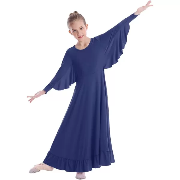 OwlFay Girls Angle Wings Priase Dance Dress Kids Ruffle Liturgical Lyrical Dancewear Long Sleeve Worship Dance Dress CostumeNavy Blue