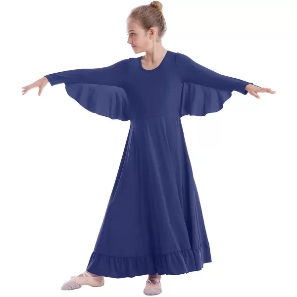 OwlFay Girls Angle Wings Priase Dance Dress Kids Ruffle Liturgical Lyrical Dancewear Long Sleeve Worship Dance Dress CostumeNavy Blue