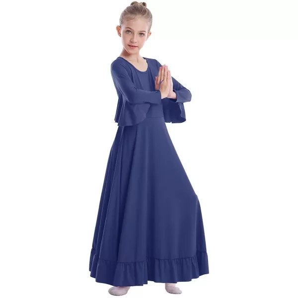 OwlFay Girls Angle Wings Priase Dance Dress Kids Ruffle Liturgical Lyrical Dancewear Long Sleeve Worship Dance Dress CostumeNavy Blue