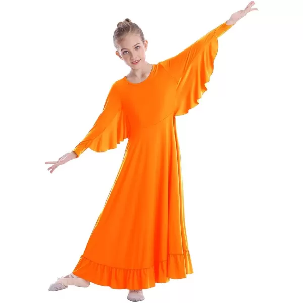 OwlFay Girls Angle Wings Priase Dance Dress Kids Ruffle Liturgical Lyrical Dancewear Long Sleeve Worship Dance Dress CostumeOrange