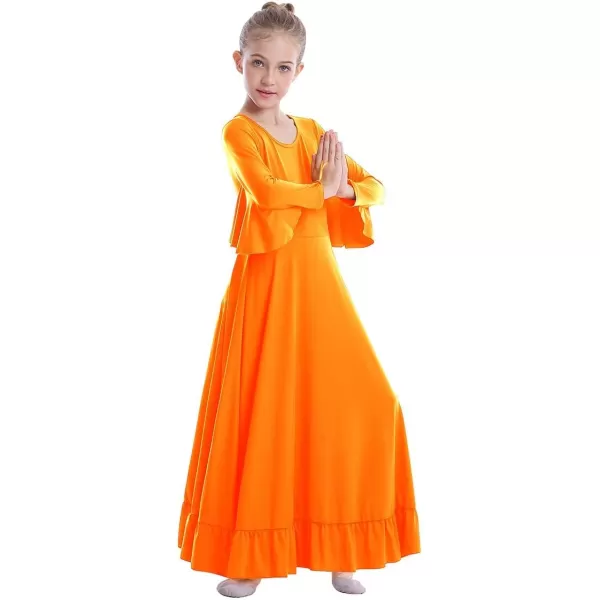 OwlFay Girls Angle Wings Priase Dance Dress Kids Ruffle Liturgical Lyrical Dancewear Long Sleeve Worship Dance Dress CostumeOrange