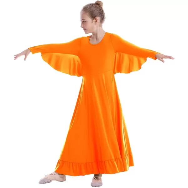 OwlFay Girls Angle Wings Priase Dance Dress Kids Ruffle Liturgical Lyrical Dancewear Long Sleeve Worship Dance Dress CostumeOrange