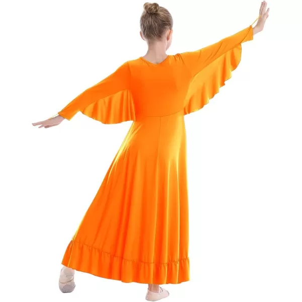 OwlFay Girls Angle Wings Priase Dance Dress Kids Ruffle Liturgical Lyrical Dancewear Long Sleeve Worship Dance Dress CostumeOrange