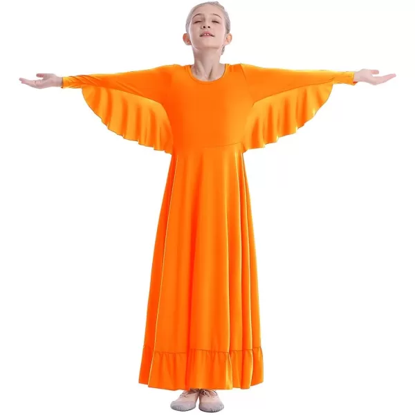 OwlFay Girls Angle Wings Priase Dance Dress Kids Ruffle Liturgical Lyrical Dancewear Long Sleeve Worship Dance Dress CostumeOrange