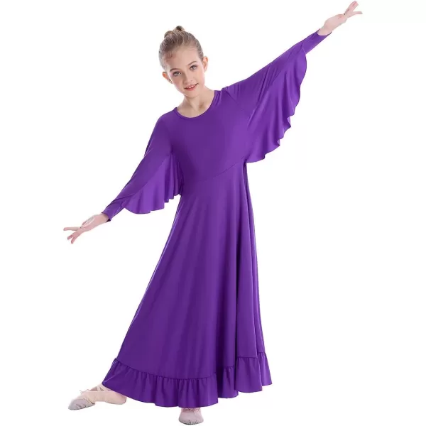 OwlFay Girls Angle Wings Priase Dance Dress Kids Ruffle Liturgical Lyrical Dancewear Long Sleeve Worship Dance Dress CostumePurple