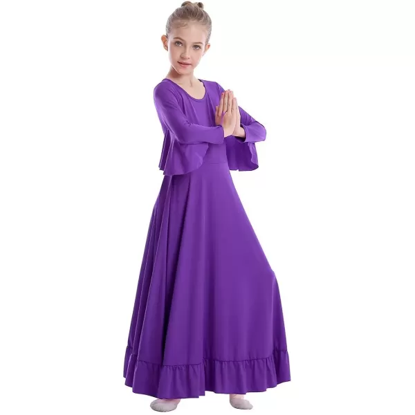 OwlFay Girls Angle Wings Priase Dance Dress Kids Ruffle Liturgical Lyrical Dancewear Long Sleeve Worship Dance Dress CostumePurple