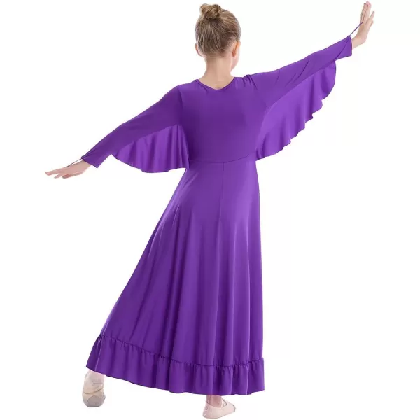 OwlFay Girls Angle Wings Priase Dance Dress Kids Ruffle Liturgical Lyrical Dancewear Long Sleeve Worship Dance Dress CostumePurple