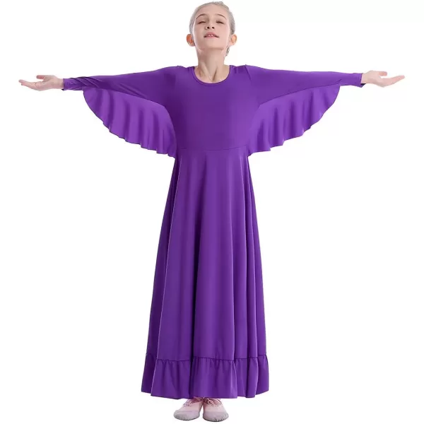 OwlFay Girls Angle Wings Priase Dance Dress Kids Ruffle Liturgical Lyrical Dancewear Long Sleeve Worship Dance Dress CostumePurple