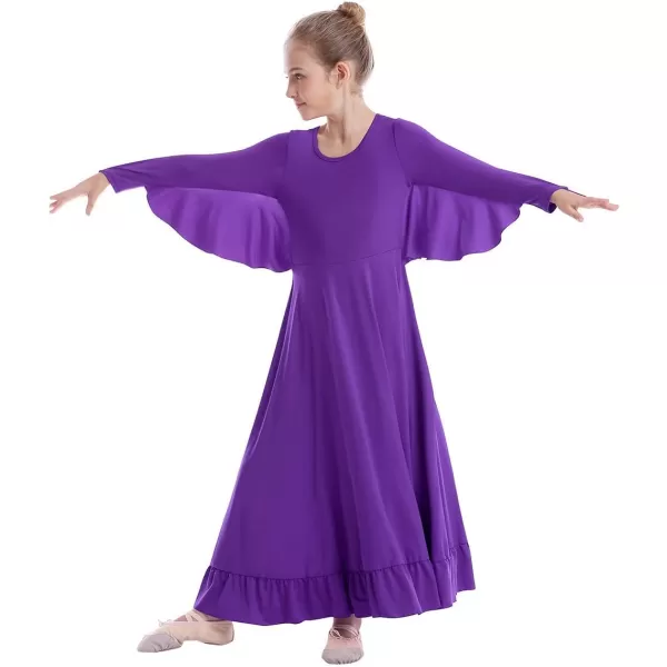 OwlFay Girls Angle Wings Priase Dance Dress Kids Ruffle Liturgical Lyrical Dancewear Long Sleeve Worship Dance Dress CostumePurple