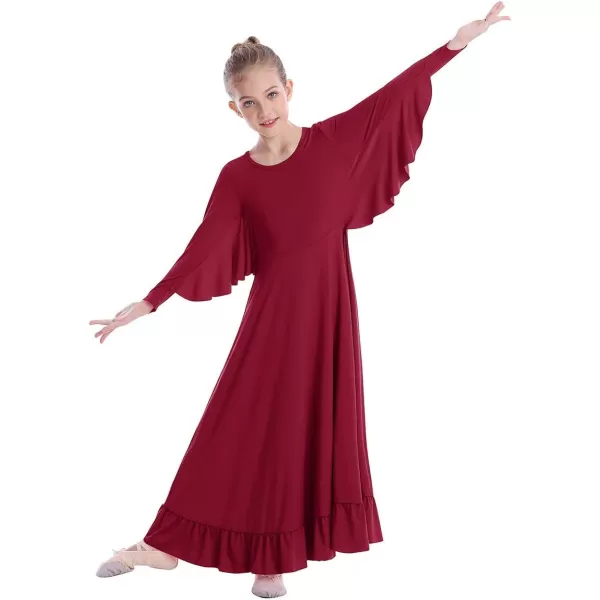 OwlFay Girls Angle Wings Priase Dance Dress Kids Ruffle Liturgical Lyrical Dancewear Long Sleeve Worship Dance Dress CostumeWine Red