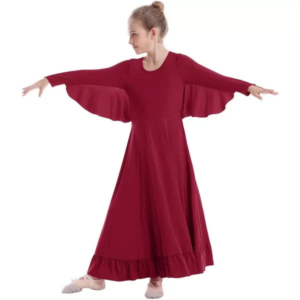 OwlFay Girls Angle Wings Priase Dance Dress Kids Ruffle Liturgical Lyrical Dancewear Long Sleeve Worship Dance Dress CostumeWine Red