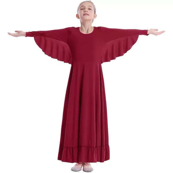 OwlFay Girls Angle Wings Priase Dance Dress Kids Ruffle Liturgical Lyrical Dancewear Long Sleeve Worship Dance Dress CostumeWine Red