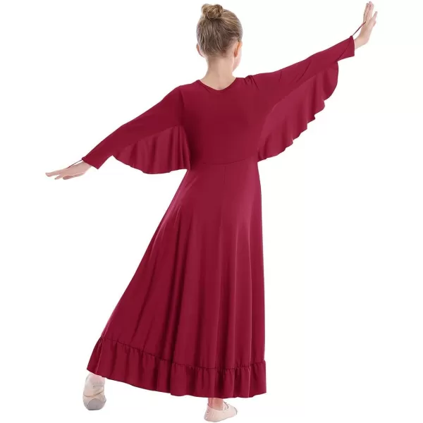 OwlFay Girls Angle Wings Priase Dance Dress Kids Ruffle Liturgical Lyrical Dancewear Long Sleeve Worship Dance Dress CostumeWine Red