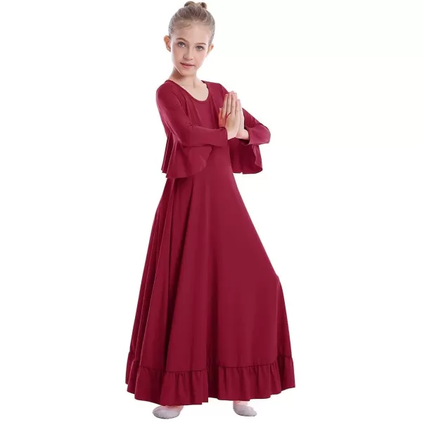 OwlFay Girls Angle Wings Priase Dance Dress Kids Ruffle Liturgical Lyrical Dancewear Long Sleeve Worship Dance Dress CostumeWine Red