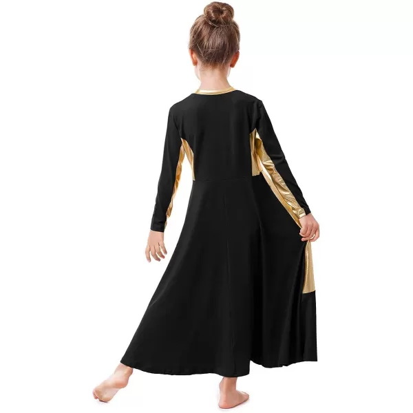 OwlFay Girls Metallic Gold Color Block Liturgical Praise Dance Dress Loose Fit Full Length Ruffle Tunic Skirt Worship CostumeBlack  Gold