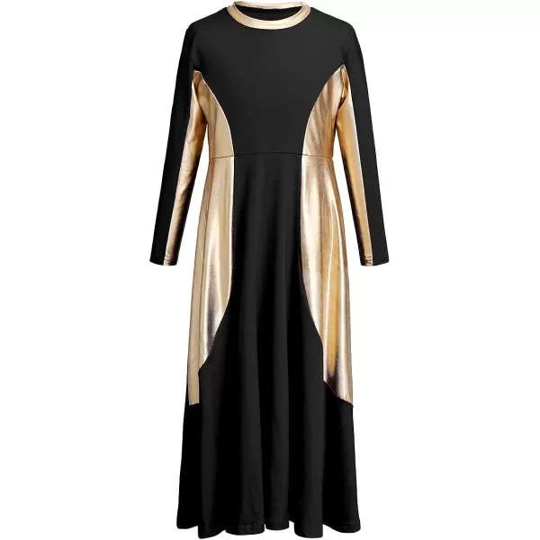 OwlFay Girls Metallic Gold Color Block Liturgical Praise Dance Dress Loose Fit Full Length Ruffle Tunic Skirt Worship CostumeBlack  Gold