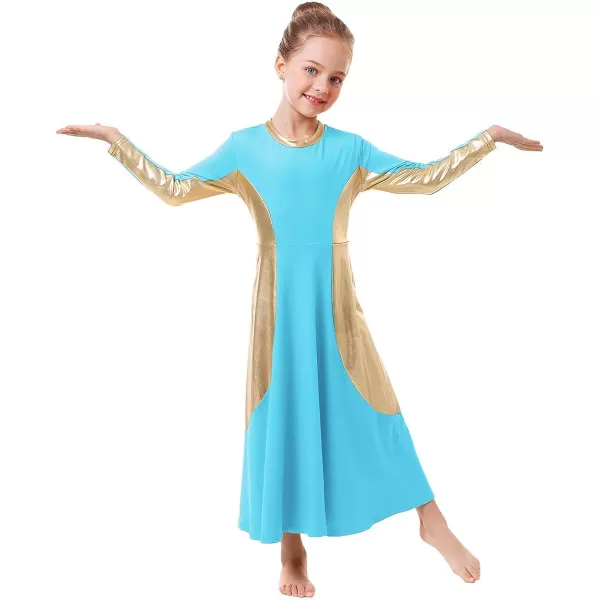 OwlFay Girls Metallic Gold Color Block Liturgical Praise Dance Dress Loose Fit Full Length Ruffle Tunic Skirt Worship CostumeBlue  Gold