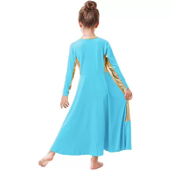 OwlFay Girls Metallic Gold Color Block Liturgical Praise Dance Dress Loose Fit Full Length Ruffle Tunic Skirt Worship CostumeBlue  Gold