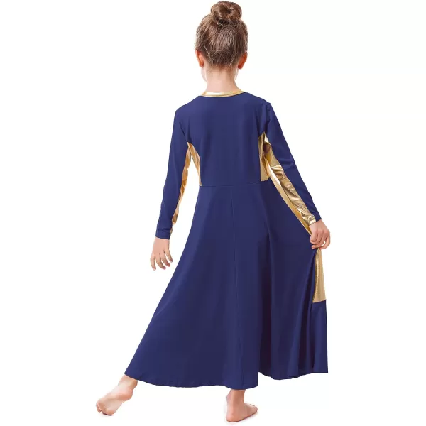 OwlFay Girls Metallic Gold Color Block Liturgical Praise Dance Dress Loose Fit Full Length Ruffle Tunic Skirt Worship CostumeNavy Blue  Gold