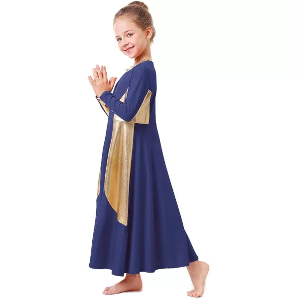 OwlFay Girls Metallic Gold Color Block Liturgical Praise Dance Dress Loose Fit Full Length Ruffle Tunic Skirt Worship CostumeNavy Blue  Gold