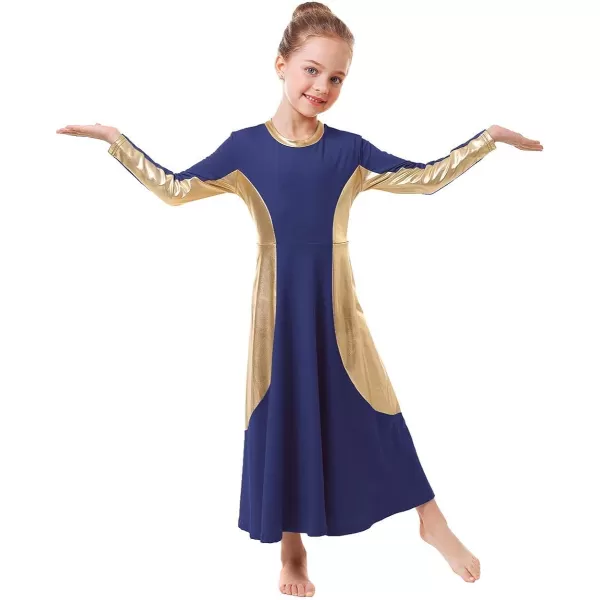 OwlFay Girls Metallic Gold Color Block Liturgical Praise Dance Dress Loose Fit Full Length Ruffle Tunic Skirt Worship CostumeNavy Blue  Gold