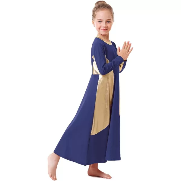 OwlFay Girls Metallic Gold Color Block Liturgical Praise Dance Dress Loose Fit Full Length Ruffle Tunic Skirt Worship CostumeNavy Blue  Gold