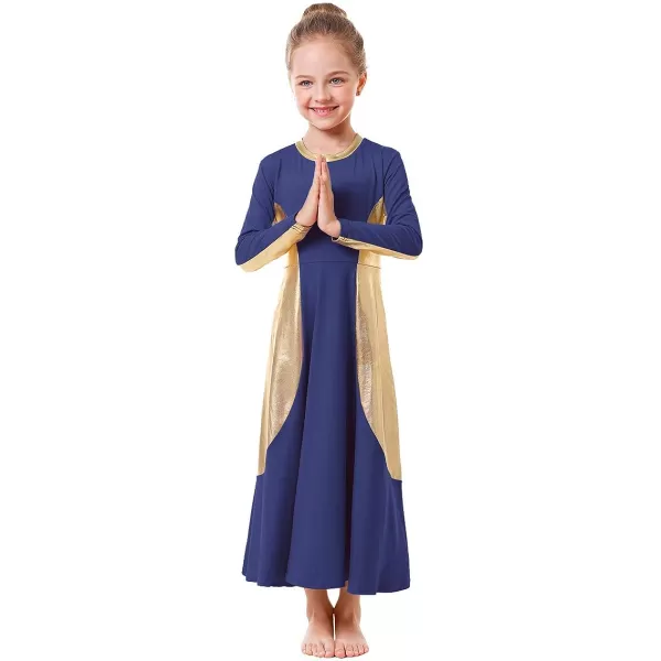 OwlFay Girls Metallic Gold Color Block Liturgical Praise Dance Dress Loose Fit Full Length Ruffle Tunic Skirt Worship CostumeNavy Blue  Gold