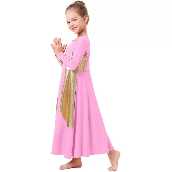 OwlFay Girls Metallic Gold Color Block Liturgical Praise Dance Dress Loose Fit Full Length Ruffle Tunic Skirt Worship CostumePink  Gold