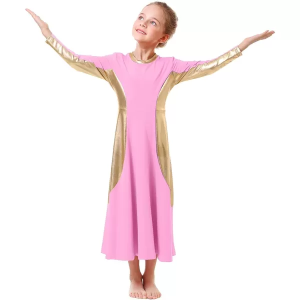 OwlFay Girls Metallic Gold Color Block Liturgical Praise Dance Dress Loose Fit Full Length Ruffle Tunic Skirt Worship CostumePink  Gold