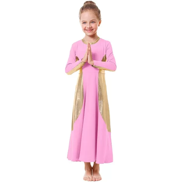 OwlFay Girls Metallic Gold Color Block Liturgical Praise Dance Dress Loose Fit Full Length Ruffle Tunic Skirt Worship CostumePink  Gold