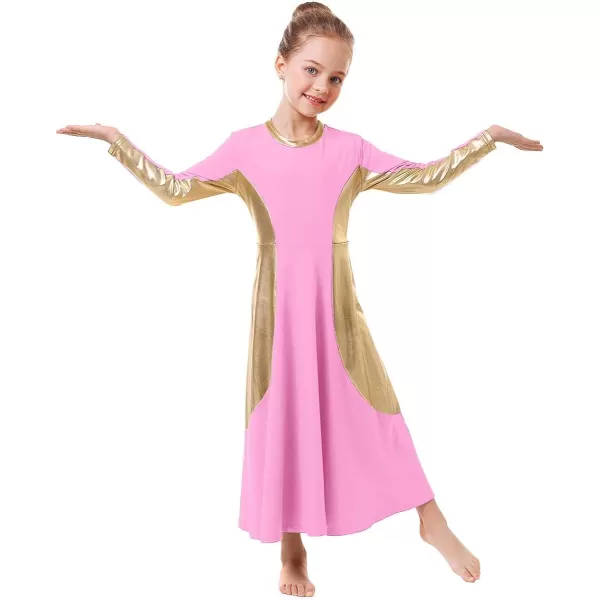 OwlFay Girls Metallic Gold Color Block Liturgical Praise Dance Dress Loose Fit Full Length Ruffle Tunic Skirt Worship CostumePink  Gold