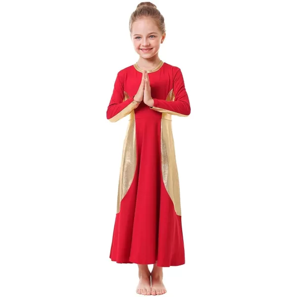 OwlFay Girls Metallic Gold Color Block Liturgical Praise Dance Dress Loose Fit Full Length Ruffle Tunic Skirt Worship CostumeRed  Gold