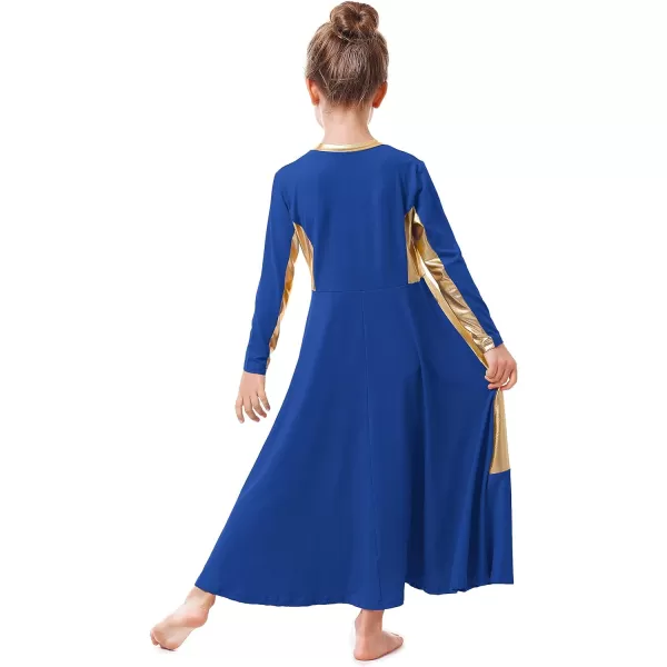 OwlFay Girls Metallic Gold Color Block Liturgical Praise Dance Dress Loose Fit Full Length Ruffle Tunic Skirt Worship CostumeRoyal Blue  Gold