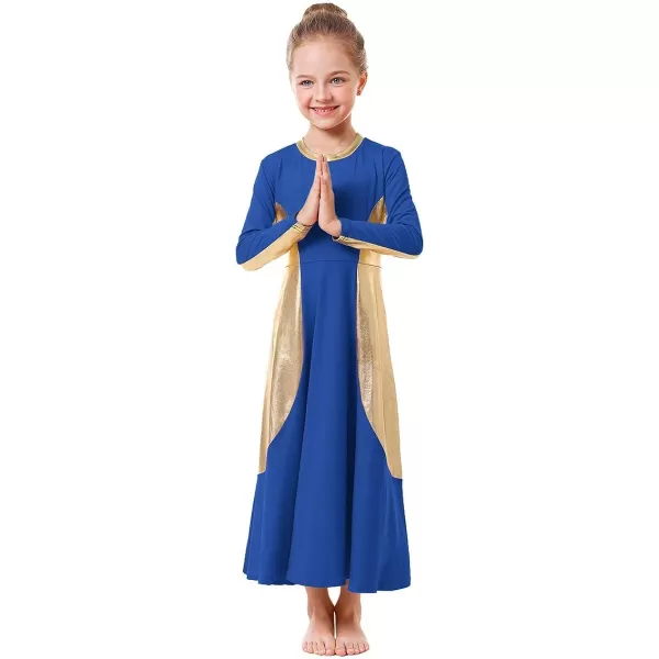 OwlFay Girls Metallic Gold Color Block Liturgical Praise Dance Dress Loose Fit Full Length Ruffle Tunic Skirt Worship CostumeRoyal Blue  Gold